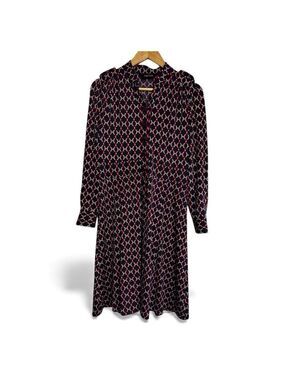 Valencia Dark Academia Midi Dress Navy Red Chain Geometric Print